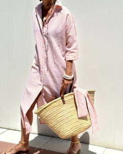 Damen Gestreiftes Hemdkleid mit Kragen und Langen Ärmeln und Seitenschlitzen in Rosa