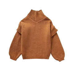 Damen Grobstrick Rollkragenpullover mit Langen Ärmeln und Rippbündchen in Braun