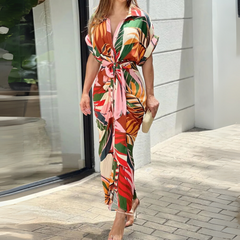 Damen Hemdblusenkleid in Midi-Länge mit Kragen Knopfleiste Bindegürtel und Kurzen Ärmeln in Rosa