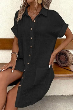 Damen Hemdblusenkleid mit Kragen Kontrastknöpfen Kurzen Ärmeln und Seitentaschen in Schwarz