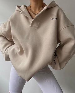 Damen Hoodie mit Kapuze V-Ausschnitt Polokragen und Bündchen in Beige