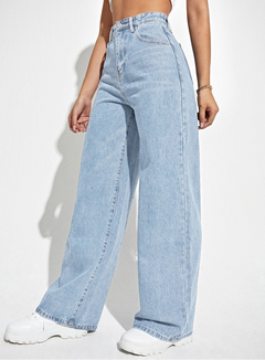 Damen Hose mit hohem Bund weitem Bein Knopfverschluss und Fronttaschen in Hellblau