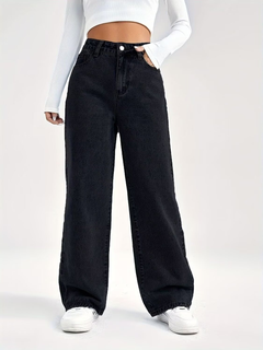 Damen Hose mit hohem Bund weitem Bein Knopfverschluss und Fronttaschen in Schwarz