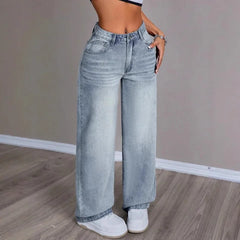 Damen Hose mit Weitem Bein Knopfverschluss und Fronttaschen in Heller Waschung in Hellblau