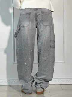 Damen Hose mit weitem Bein Strassbesatz Seitentasche mit Klappe und Knopfverschluss in Grau