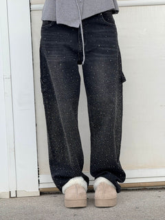 Damen Hose mit weitem Bein Strassbesatz Seitentasche mit Klappe und Knopfverschluss in Schwarz