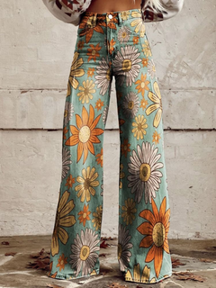 Damen Hose mit weitem Bein und Blumenmuster in Türkis
