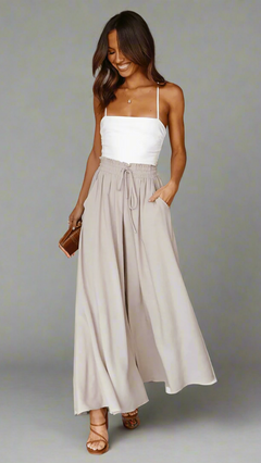Damen Hose mit weitem Bein und elastischem Bund in Beige