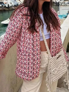 Damen Jacke mit Offenem Ausschnitt und Geometrischem Muster und Aufsetztaschen in Rot