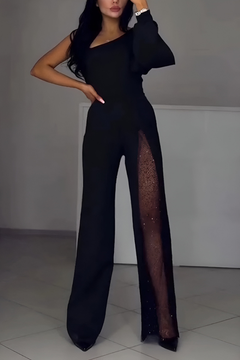 Damen Jumpsuit mit Ein-Schulter-Träger Langarm Weitem Bein und Netzeinsatz in Schwarz