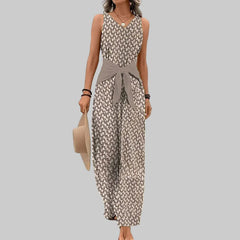 Damen Jumpsuit mit V-Hals Kontrastgürtel Weitem Bein und Geometrischem Muster in Beige