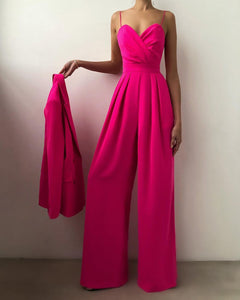 Damen Jumpsuit mit Wickeloberteil Spaghettiträgern Herzausschnitt und Weitem Hosenbein in Pink