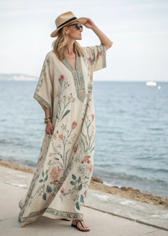 Damen Kaftan-Maxikleid mit V-Ausschnitt weiten Ärmeln Blumenmuster und Zierborte in Cremefarben