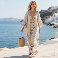 Damen Kaftan-Maxikleid mit V-Ausschnitt weiten Ärmeln Blumenmuster und Zierborte in Hellbeige