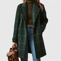 Emilia | Damen Karierter Eleganter Women Coat Klassischer Wollmantel in Dunkelgrün