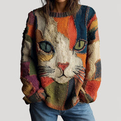 Annika | Damen Katzen-Motiv Bunter Strickpullover Rundhals Relaxed Fit in Mehrfarbig
