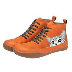 Nora | Damen Katzenmotiv Schnürsenkel Leder Ankle Boots in Orange