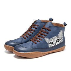 Nora | Damen Katzenmotiv Schnürsenkel Leder Ankle Boots in Blau
