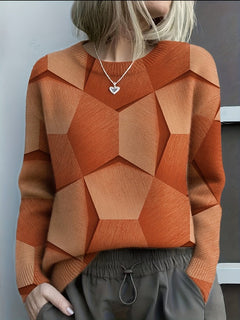 Hannah | Damen Knit Sweater mit geometrischem 3D-Muster Rundhals Langarm in Orange