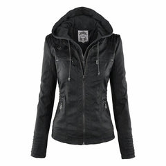 Katharina | Damen Kunstleder Bikerjacke mit Abnehmbarer Kapuze Reißverschluss in Schwarz