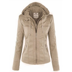Katharina | Damen Kunstleder Bikerjacke mit Abnehmbarer Kapuze Reißverschluss in Beige