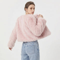 Lena | Damen Kurz Kunstpelz Cardigan Jacke in Rosa