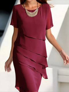 Damen Kurzarm Stufenkleid mit Rundkragen und diagonalen Lagenvolants in Rot