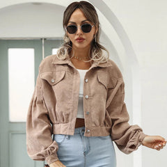Damen Kurze Jacke mit Knopfleiste Kragen Brusttaschen und Langen Ärmeln in Khaki