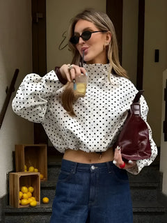 Damen Kurze Jacke mit Stehkragen Punktemuster und Kordelzug am Saum in Weiß