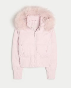 Damen Kurze Steppjacke mit Fellkapuze Frontreißverschluss und langen Ärmeln in Rosa