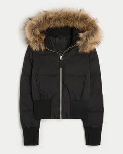 Damen Kurze Steppjacke mit Fellkapuze Frontreißverschluss und langen Ärmeln in Schwarz
