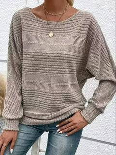 Damen Langarm Pullover mit Rundhalsausschnitt und Fledermausärmeln in horizontalen Streifen in Khaki