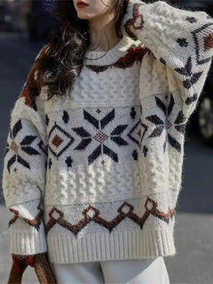 Damen Langarm Pullover mit Rundhalsausschnitt und Schneeflocken-Motiven in geometrischen Mustern in Weiß