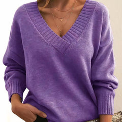 Greta | Damen Langarm V-Ausschnitt Cashmere-Blend Strick Sweater in Lila