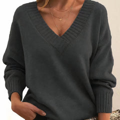 Greta | Damen Langarm V-Ausschnitt Cashmere-Blend Strick Sweater in Dunkelgrau
