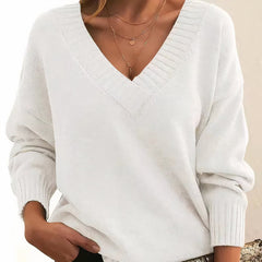 Greta | Damen Langarm V-Ausschnitt Cashmere-Blend Strick Sweater in Weiß
