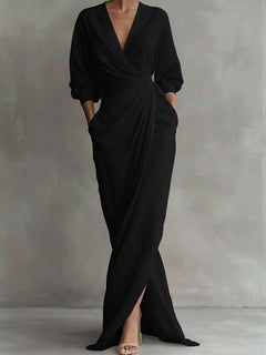 Hannah | Damen Langarmkleid elegantes Maxi-Wickelkleid mit V-Ausschnitt in Schwarz