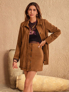 Damen Lange Jacke und Minirock Set mit Hemdkragen und Knopfleiste in Karamell