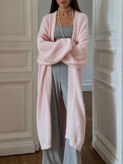 Damen Lange Strickjacke mit Offener Front und Pile Oberfläche in Rosa