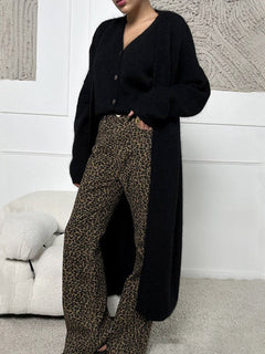 Damen Lange Strickjacke mit Offener Front und Pile Oberfläche in Schwarz