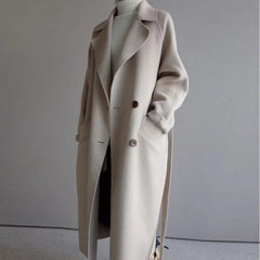 Damen Langer Mantel mit Breitem Reverskragen Zweireihiger Knopfleiste und Taillengürtel in Beige