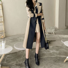 Damen Langer Mantel mit Zweifarbigem Farbblock und Reverskragen mit Bindegürtel in Beige
