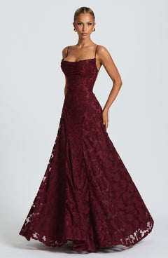 Damen Langes Kleid mit Blumenmuster Spaghettiträgern offenem Rücken und Schnürung in Bordeauxrot