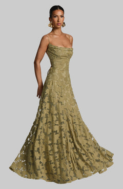 Damen Langes Kleid mit Blumenmuster Spaghettiträgern offenem Rücken und Schnürung in Olivgrün
