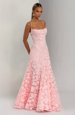 Damen Maxikleid mit Wasserfallausschnitt Spaghettiträgern Blumenmuster und Schnürung am Rücken in Rosa