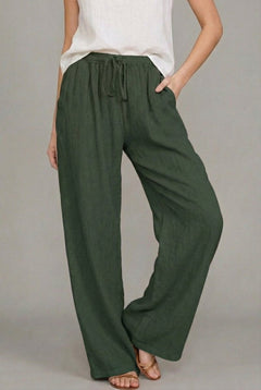 Charlotte | Damen Leinen Wide Leg Pants mit elastischem Kordelzugbund in Grün