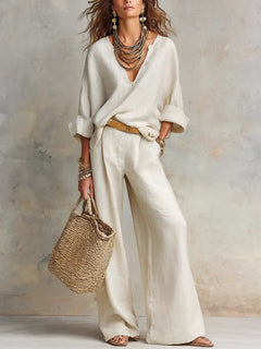 Leonie | Damen Leinenoptik Zweiteiler Relaxed-Fit Wide Leg Pants Set V-Ausschnitt in Weiß