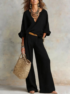 Leonie | Damen Leinenoptik Zweiteiler Relaxed-Fit Wide Leg Pants Set V-Ausschnitt in Schwarz