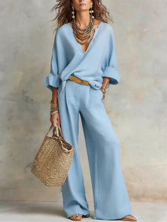 Leonie | Damen Leinenoptik Zweiteiler Relaxed-Fit Wide Leg Pants Set V-Ausschnitt in Blau