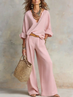 Leonie | Damen Leinenoptik Zweiteiler Relaxed-Fit Wide Leg Pants Set V-Ausschnitt in Rosa